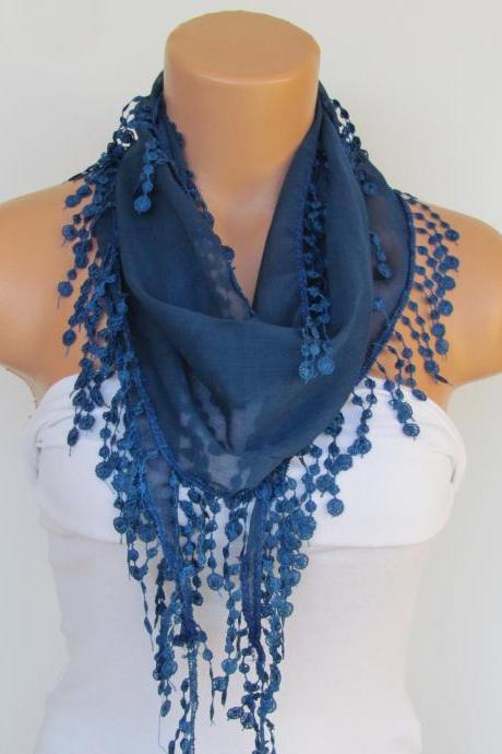 Navy Blue Scarf With Fringe-Cotton Scarf-Headband-Necklace- Infinity Scarf- Spring Accessory-Long Scarf