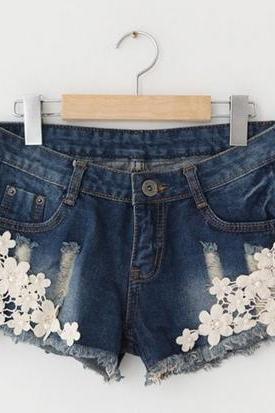 Pretty Crocheted Lace Denim Short, Denim Shorts 2014, Lace Shorts, Women Clothing