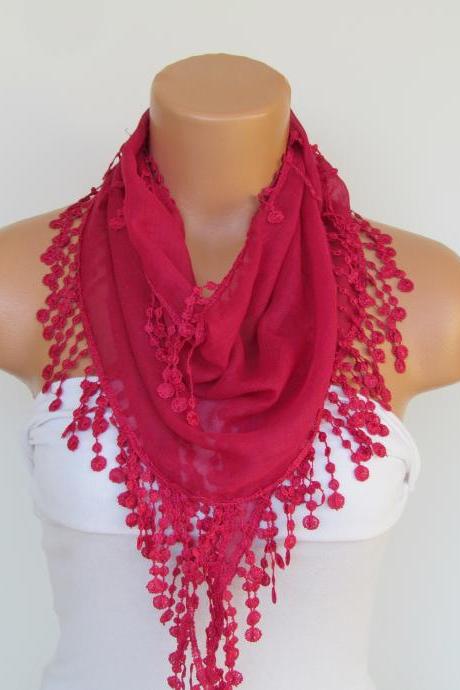 Fuchsia Scarf With Fringe-Cotton Scarf-Headband-Necklace- Infinity Scarf- Spring Accessory-Long Scarf