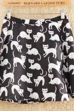 Black A-Line Skater Skirt with Cat Prints