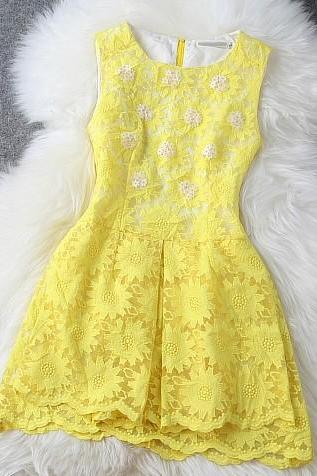 Yellow or White Floral Embroidered Organza Summer Dress