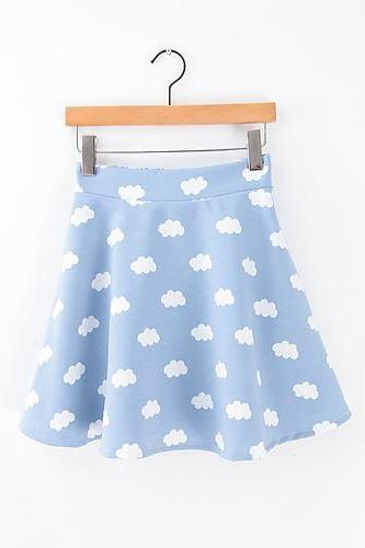 Blue Sky And White Cloud Elastic Waist Skirt
