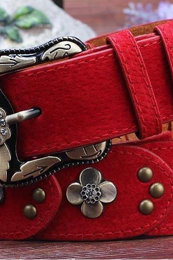 Gorgeous Red Vintage Style Genuine Leather Belt With Beautiful Faux Diamonds