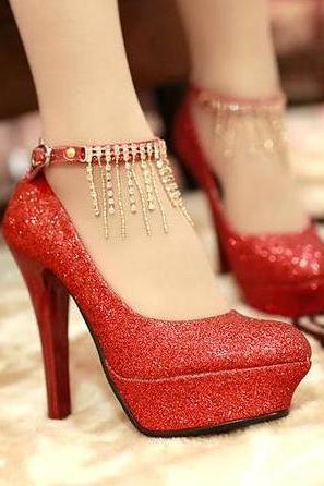 Sexy Sassels Rhinestone With Buckle Waterproof Thin High Heels Women's Shoes