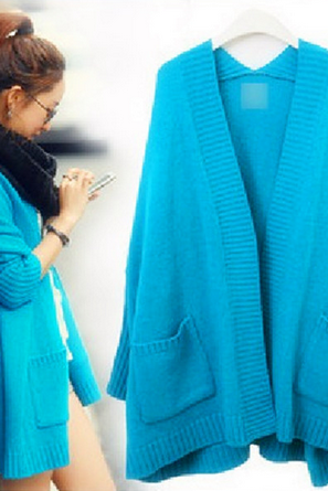 Blue Open Front Long Sleeve Ribbed Cardigan