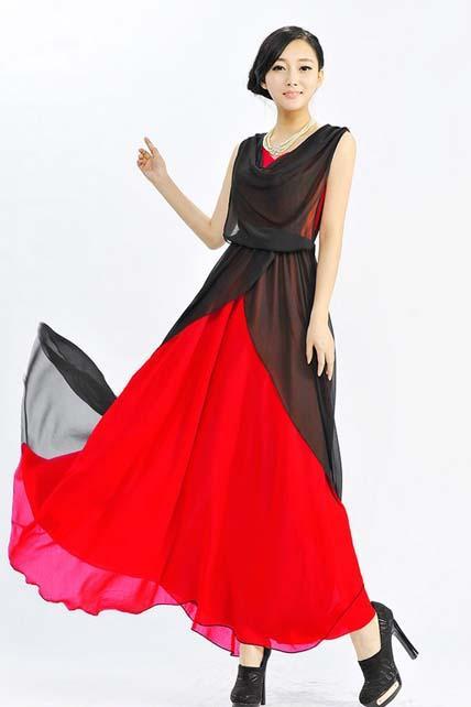 Fashion Club Color Matching Long Dress - Black&Red
