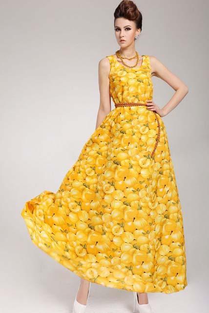 Bohemia Style Cute Fruit Print Long Dress - Yellow