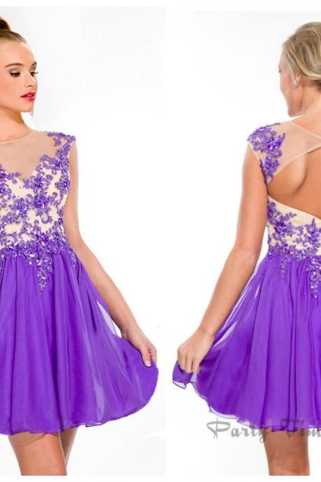 New Arrival Homcoming Dresses Jewel Neck Illusion Lilac Chiffon Appliqued Beaded Hollow Back Glitz Short / Mini Cocktail Gown PT 6344