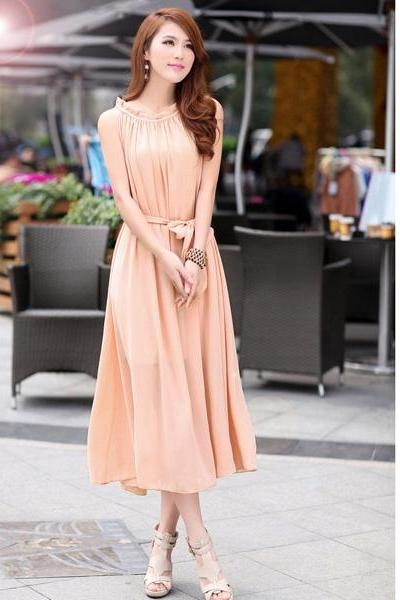 Women&amp;#039;s Sexy Strapless Long Chiffon Sleeveless Dress - Pink