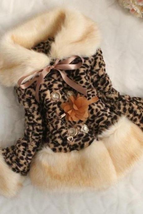 Leopard Faux Fur Jacket for Girls-Leopard Jacket for Girls Turn Down Collar