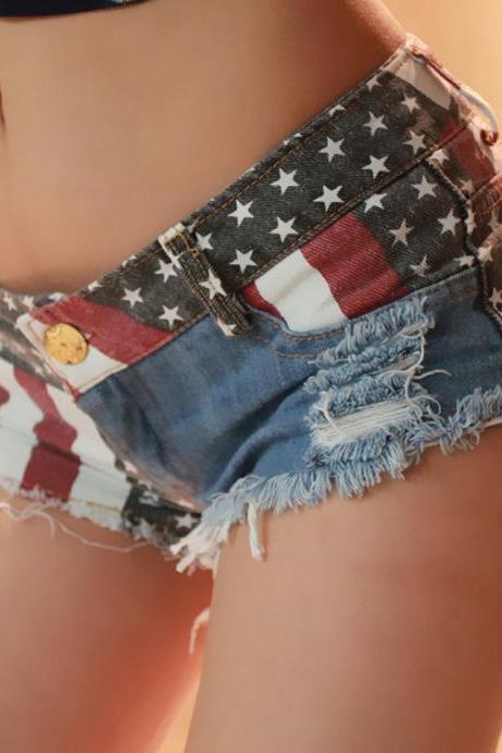 Ladies Denim US Flag Shorts
