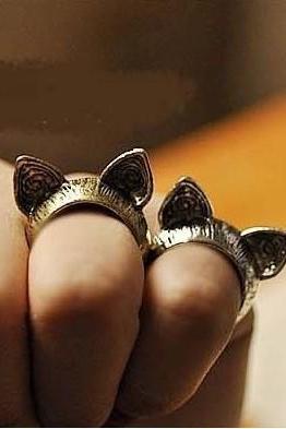 cat ring, kitty cat ring, cat ears ring, knuckle ring, pinky ring in silver, bronze