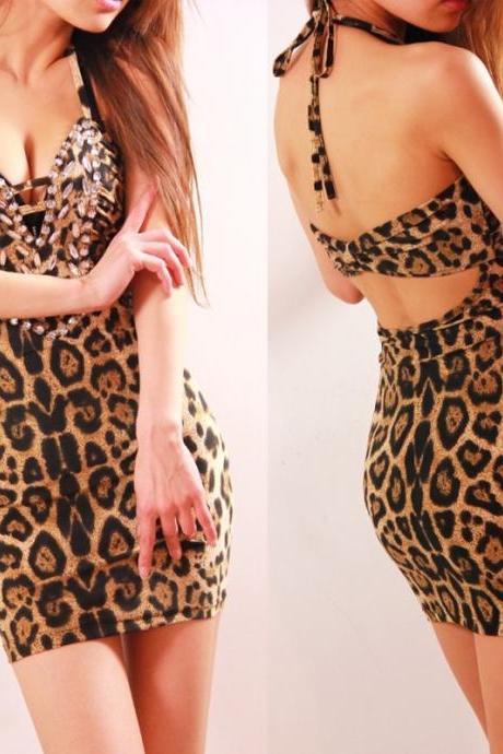 Deep V-neck Backless Leopard Halter Dress