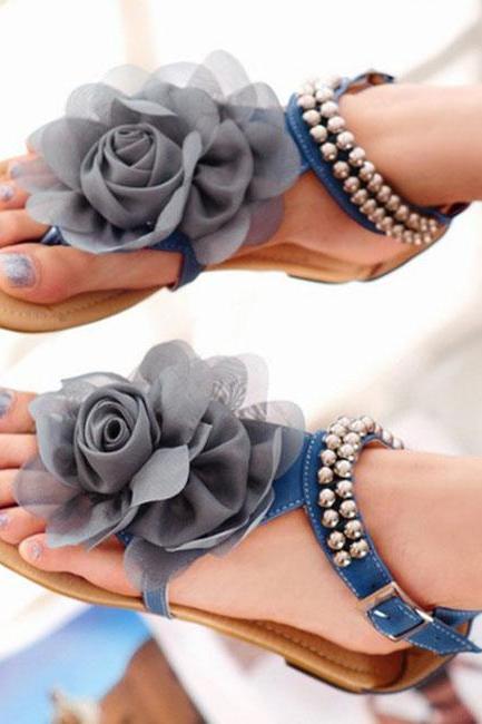 Beige / Pink / Blue Sweaty Women Flat Sandals With Flower On Top Beading Strip Beach Sandals