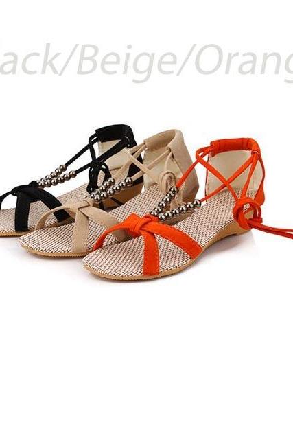 Bohemian Cross Strap Beaded Sandals Roman Style Low-Heeled Casual Open Toe Sandals For Women