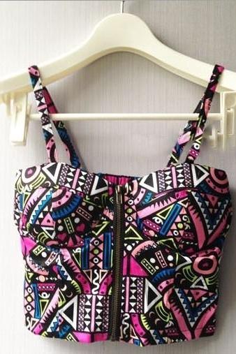 Spaghetti Strap Geometric Print Bustier Bralet Crop Top With Zipper Front