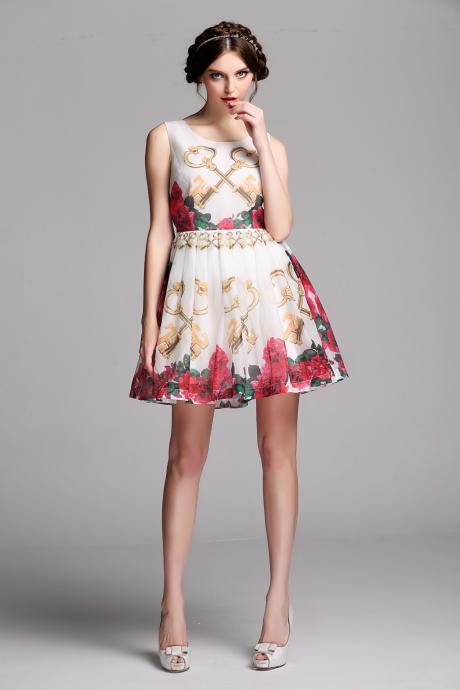 Design 3053 - Red Dragon Scale Sleeveless Above Knee Pleated Mini Dress