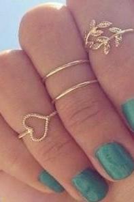 4 pcs knuckle rings Heart shaped ring diamond leaves ring finger ring