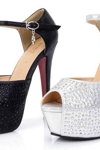 Crystal Studded Bridal Wedding Shoes Peep Toe Stiletto Dress Shoes Size 34 to 39