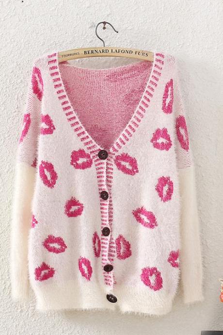 Red Lips Sweater V-Neck Knitting Sweater Cardigan Coat