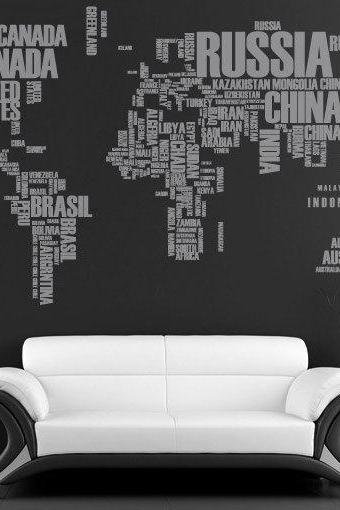 World Map with Country Names Text Sticker Decal for Housewares