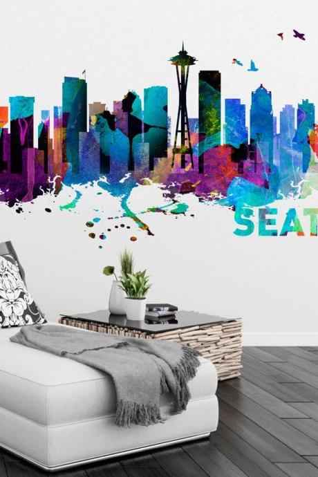 Seattle Washington Skyline Watercolor Art Decal Sticker for Housewares