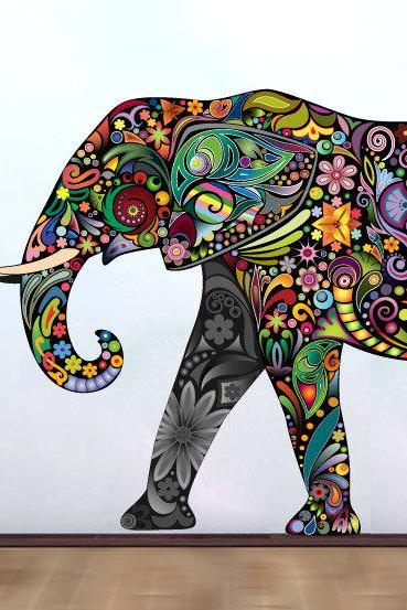 Colorful Floral Elephant Vinyl Wall Art Decal Print Sticker Home Design