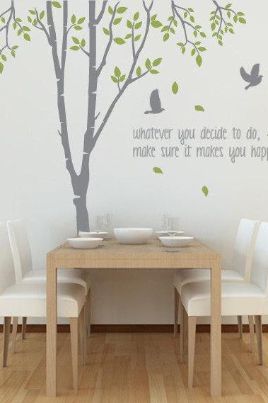 Tree Wall Decal With Quote, Spring Tree Birds Vinyl Wall Sticker Art