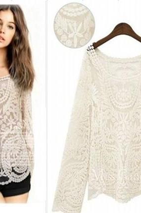 spring new openwork crochet loose solid color long sleeve pullover blouse lace blouse 6868