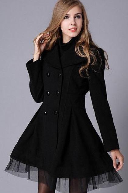 High Quality Black Trench Winter Coat for Women-Women Black Coat Winter Lace Coats