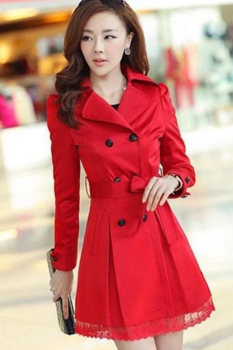 Red Coat Fashion Trench Winter Coat for Women-Women Red Coat Winter Lace Coats Polyester Winter Coats