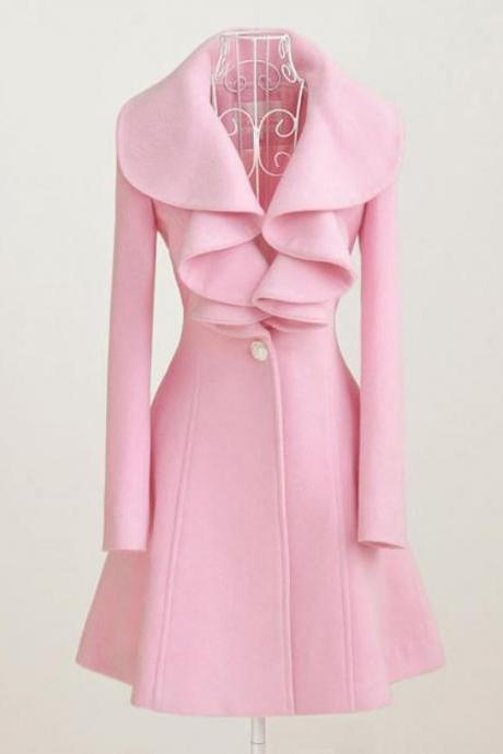 Pink Ruffled Trench Coats Wool Pink Ruffled Collar Trench Coats Winter Outfit Women