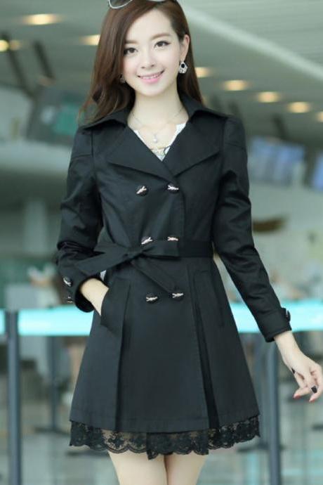 New Black Fashion Trench Winter Coat for Women-Women Black Coat Winter Lace Coats Polyester Winter Coats