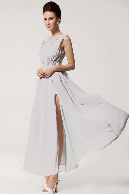 Vogue Slit Design Sleeveless Chiffon Long Dress - Grey