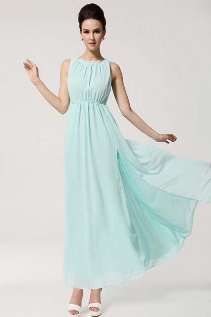 Vogue Slit Design Sleeveless Chiffon Long Dress - Light Blue
