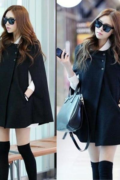 Fashion Womens Black Batwing Cape Wool Poncho Jacket Winter Warm Cloak Coat