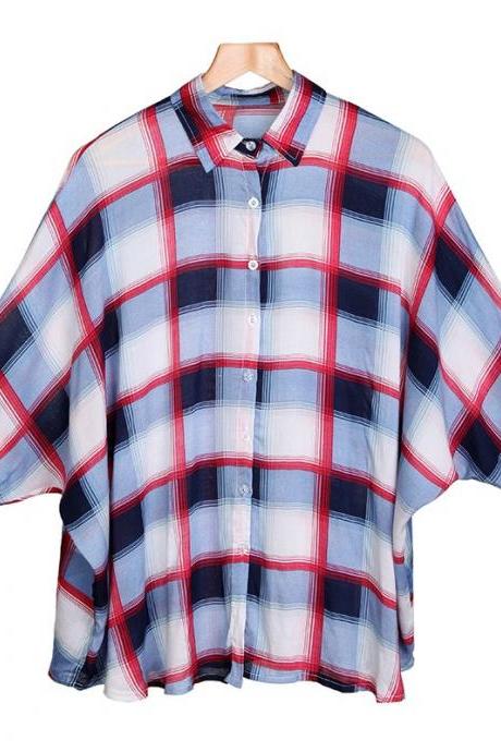 Fashion Women's Plaid Blouse Batwing Sleeves Tops Check Cotton Casual Loose for Women G0131
