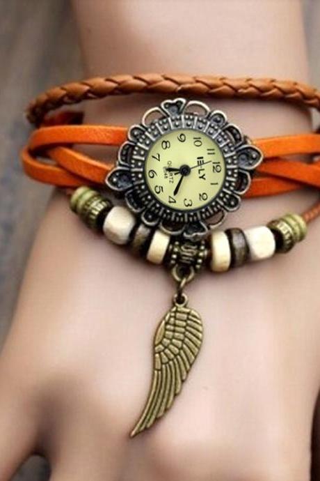 Weave Wrap Synthetic Leather Wing Bracelet Women's Wrist Watch