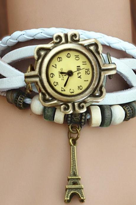 Women Vintage Iron Tower Pattern Weave Wrap Quartz Leather Wrist Watch Bracelet