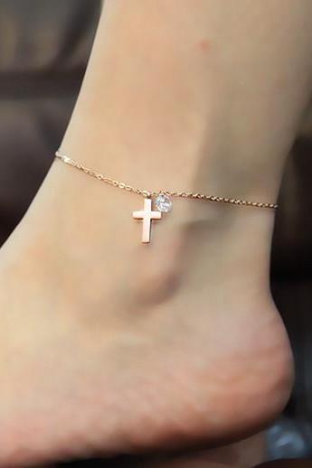 cross diamond anklet Titanium steel Plated 18K Rose Gold