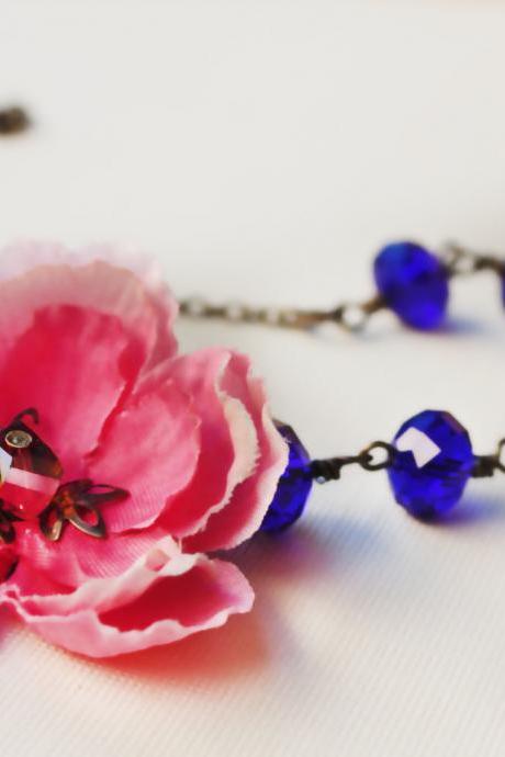 Blue necklace, cherry blossom, assymetrical necklace