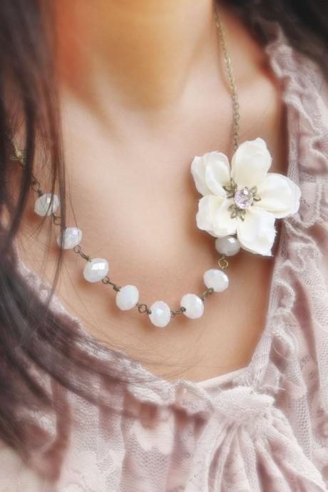 bridal party necklace, ivory cherry blossom flower necklace 'Trinity'