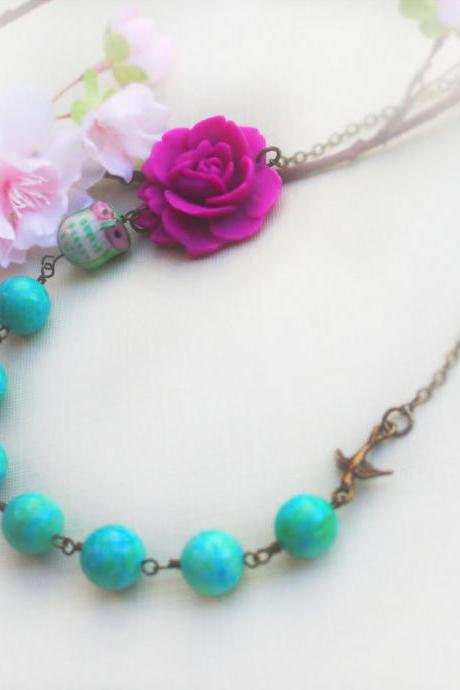 owl necklace, pink rose necklace, teal necklace, rose cabochon necklace