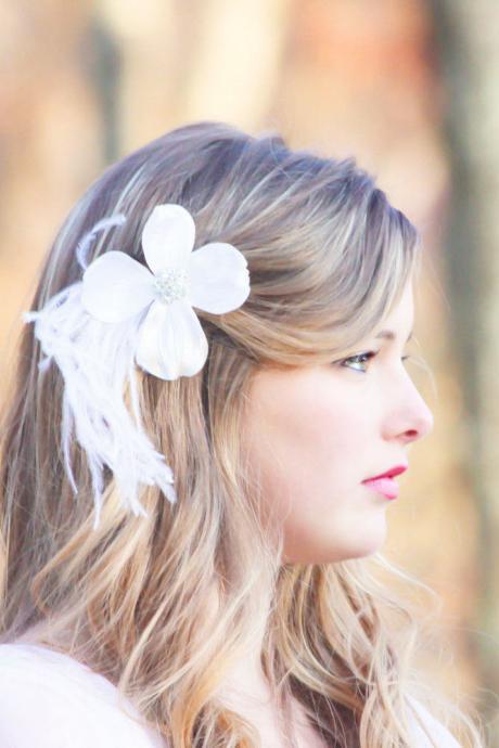 Love Song - Dogwood flower hair clip, bridal hair clip, ostrish feather hair clip