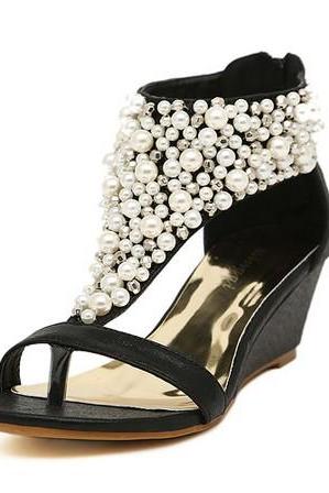 Pearl Embellished Open Toe Wedge Sandals With Back Zipper
