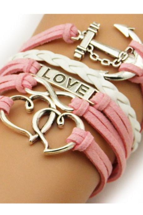 Anchor Double Hearts Love Charm Silver Color Pink White Wax Cords Leather Braid Bracelet Rope Leather Bracelet