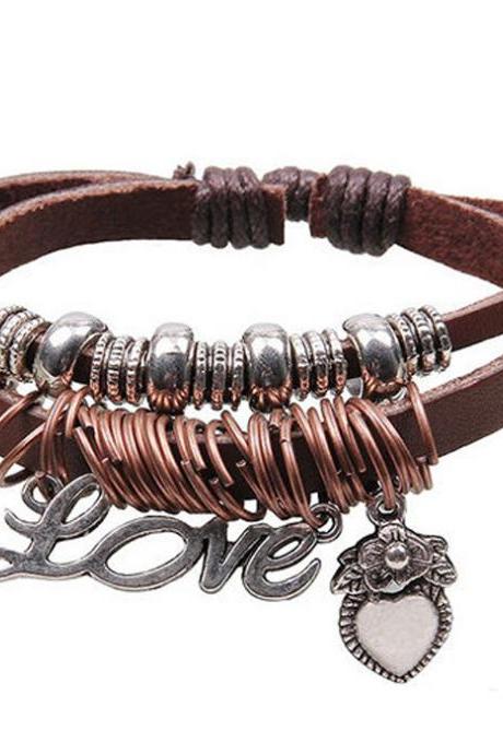 Unisex Fashion Wrap Multilayer Leather Beads Cuff Bracelet Charms Chain