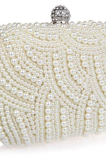 WHITE Bridal Pearl Clutch-Luxurious Shoulder Bag Floral Bag Clutch- Evening Purse for Women