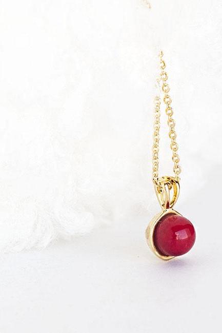 Red Coral Bead Necklace, Gold Bezel Chain, Minimalist