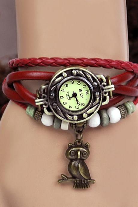 Quartz Weave Wrap Synthetic Owl Leather Bracelet Women&amp;amp;#039;s Wrist Watch